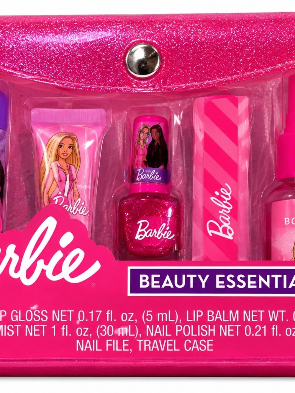 Barbie Beauty Essentials Kit with Lip Gloss, Lip Balm, Body Mist, Nail Polish, &